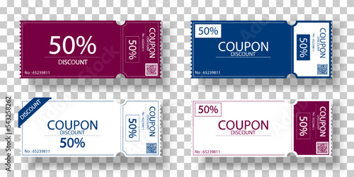 Coupon cards ,tickets,gift vouchers or certificates.Discount voucher .Discount coupon template.Ticket card of promotion sale for website and social media. Set of coupons on transparent background.