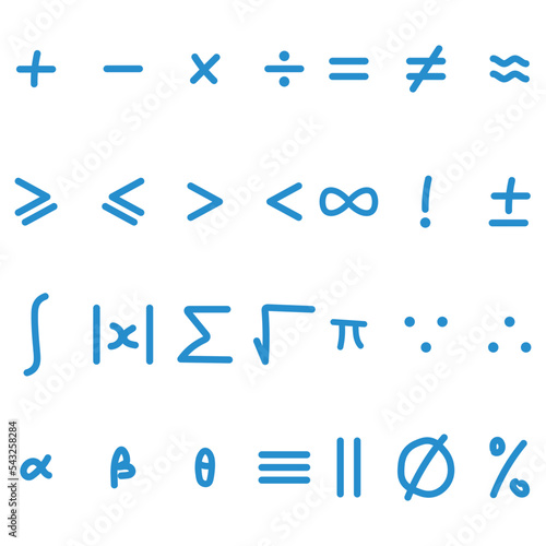 Basic symbols in mathematics. math symbol handwriting. Plus, minus, times, divide,equality, inequality, approximately equal, infinity, factorial,integral, absolute value of x, sum, square root.