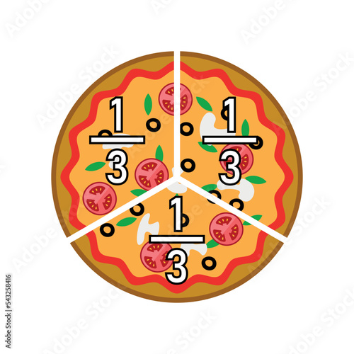 Three thirds pizza fractions. Fraction for kids. Pizza slices. Fraction fun with pizza. vector illustration isolated on white background.