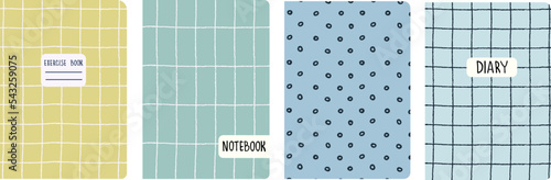 Set of cover page templates based on grid seamless patterns, spiral lines, polka dot pattern. Plaid backgrounds for school notebooks, diaries. Headers isolated and replaceable