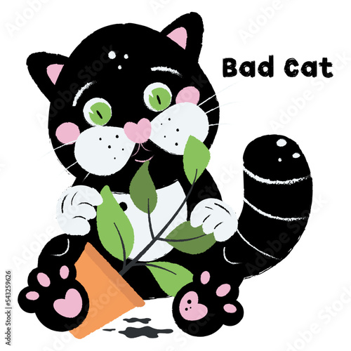 The cat dropped the flower pot. Bad cat. Black cat eats a flower.  Illustration on white background in cartoon style. Hand drawn. For print, web design.