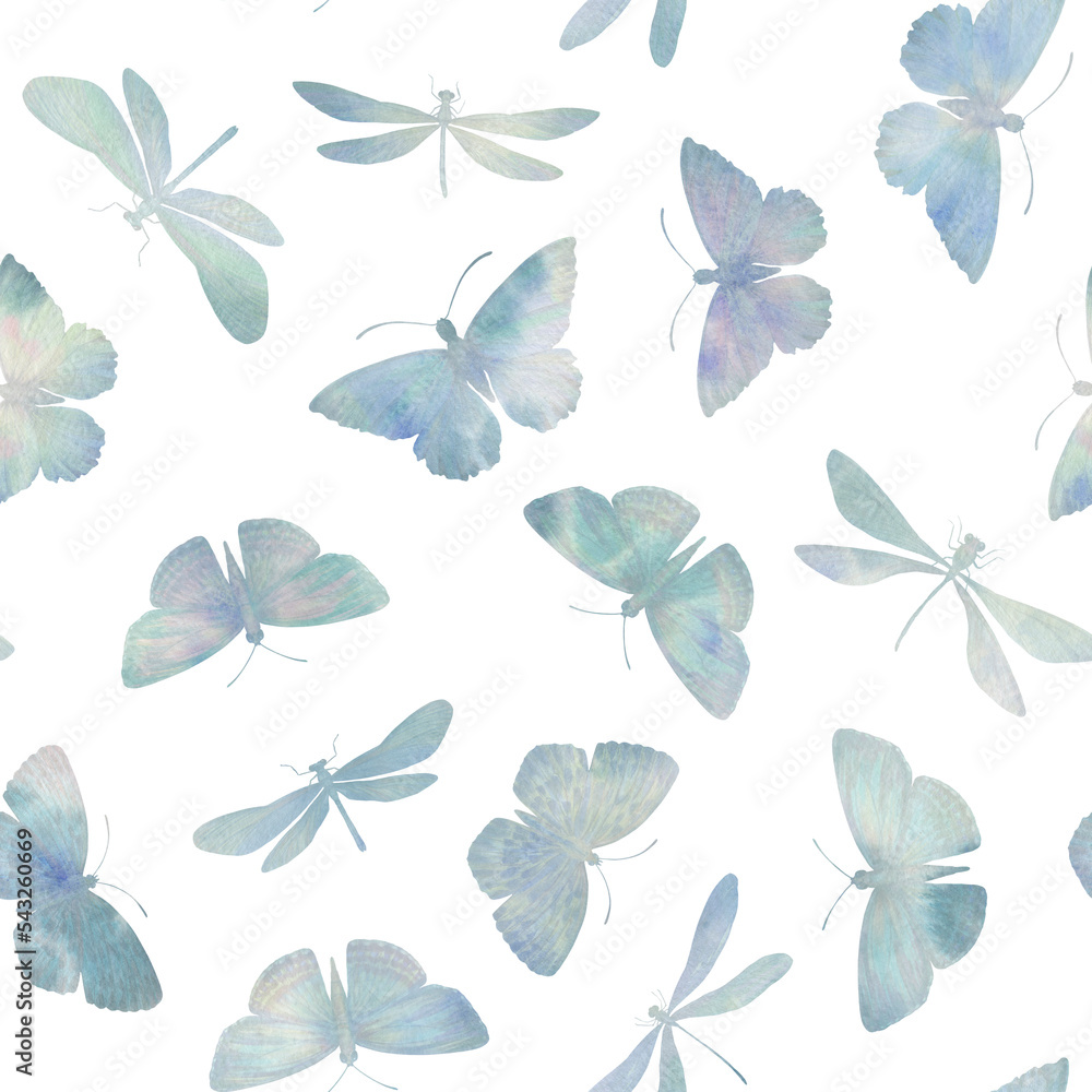 Obraz premium butterflies and dragonflies drawn in watercolor, collected for design in a seamless pattern