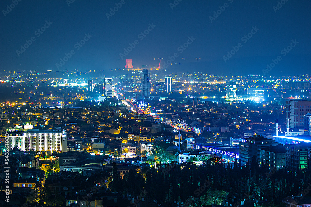 Fototapeta premium A bird's-eye view of the city of Bursa, Turkey, taken at night with a long exposure