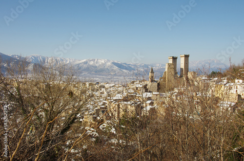 View of Pacentro and the Caldora or Cantelmo castle that dominates the characteristic mountain village - Abruzzo - Italy photo