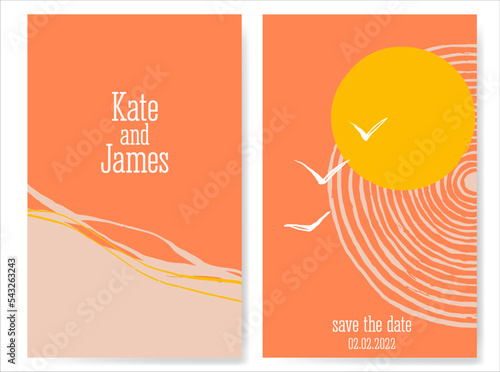 Invitation template for a wedding or special event. Abstract landscape with waves, sun and birds. Creative vector illustration. Modern vector brochure template design.