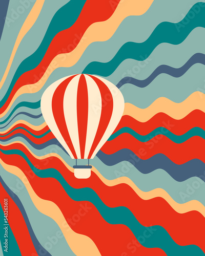 Psychedelic poster with hot air balloon on wavy sky background. Groovy print for T-shirt, postcard, sticker, banner. Vector illustration.