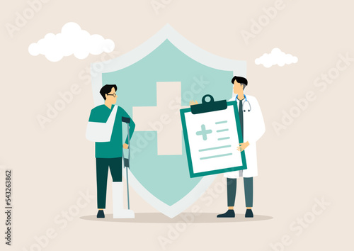 Medical healthcare insurance banner, flat vector illustration. Insurance against accidents and injuries.