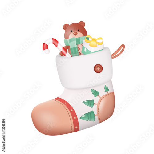 Christmas Stocking with Presents Isolated on White Background. Teddy Bear, Sweets and Gift Box. 3D Design Vector Illustration
