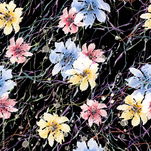 Seamless vintage pattern  flowers. Plant in watercolor. Seamless graphic watercolor pattern  background. Branch lines hay. Abstraction  design  splash of watercolor paint. Abstract graphic Trendy art 