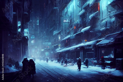 cyberpunk post-apocalyptic dystopian winter city , narrow street, neon lights, concept art, digital painting, cinematic, 