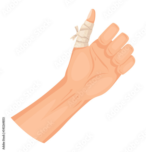 Hands injured skin and procedures of bandaging. First aid for wound. Medicine cure or treatment. First emergency help for human hand trauma