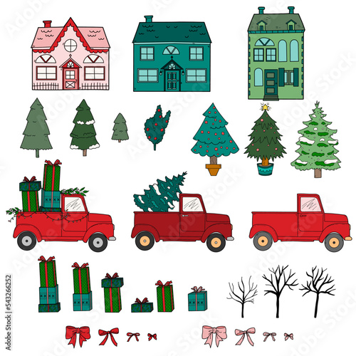 Winter Holiday Houses Red Tree Trucks Set