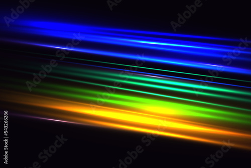 Colorful light trails with motion effect. Geometric and dynamic, trendy layout for racing club or sport competition, event poster. Futuristic and motion, race and linear