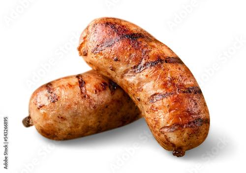 Tasty roasted sausages isolated on white background photo