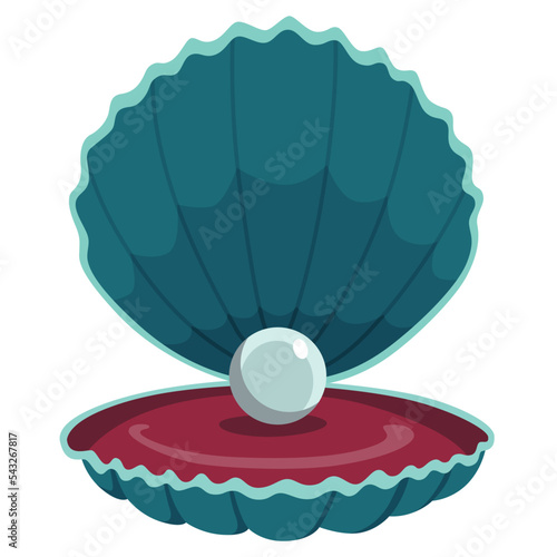 Pearl in seashell. Open seashels scallop and pearl shell icon. Beautiful pearl in clam shell in cartoon flat style. Vector illustration isolated on white background