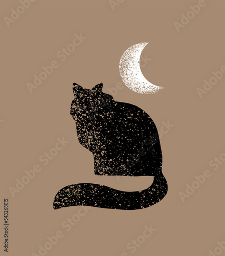 Simple Abstract Vector Illustration with Black Cat and White Crescent Moon on a Light Brown Background. ideal Card, Wall Art, Poster. White New Moon and Black Sitting Kitty.