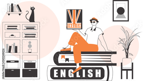 Male English teacher. The concept of learning English. Linear style.