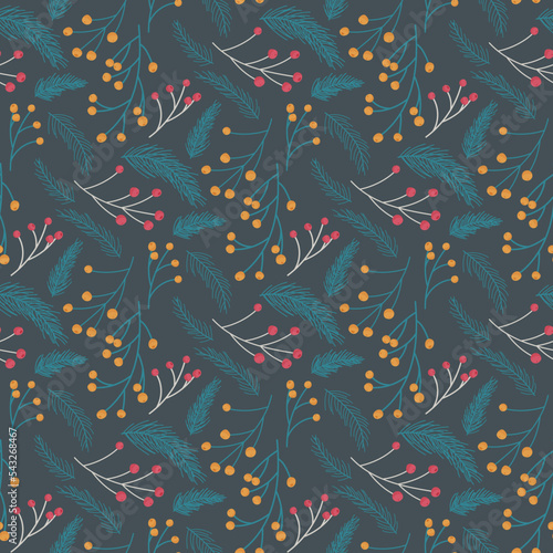 Christmas pattern with pine branches and berries on dark background