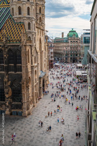 Photography Stephansplatz and Stephansdom cathedral in Vienna above the city downtown and th