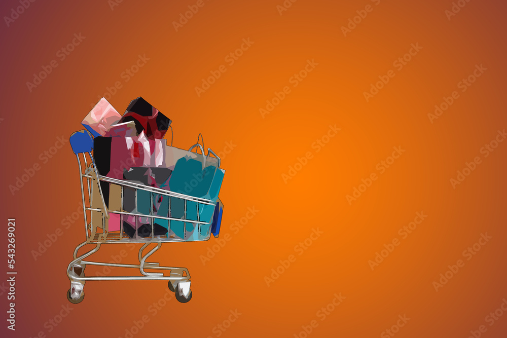 Trolley for 3d purchases with packages icon. Metallic pcontainer wheels with gift and bag. Commercial sales retail symbol in stores and online supermarkets template. Trolley for 3d purchases with packages icon. Metallic pcontainer wheels with gift and bag. Commercial sales retail symbol in stores and online supermarkets template.