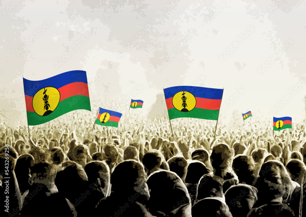Naklejka premium Crowd with the flags of New Caledonia, people cheering national team of New Caledonia. Ai generated illustration of crowd.