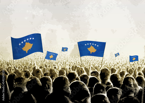 Crowd with the flags of Kosovo, people cheering national team of Kosovo. Ai generated illustration of crowd.