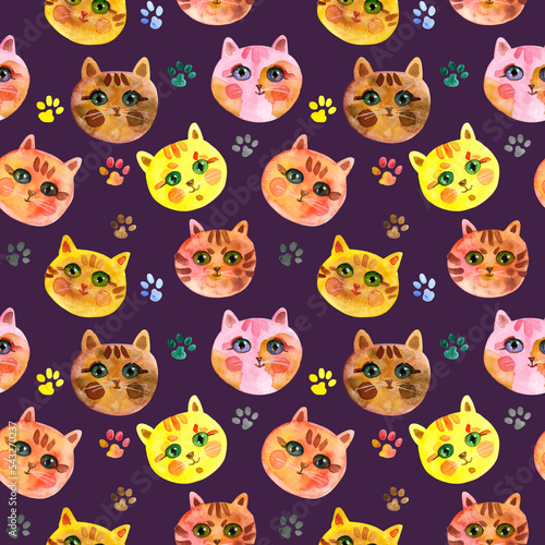 Seamless pattern of Cartoon faces of cats on a purple background. Cute Cat muzzle. Watercolour hand drawn illustration. For fabric, sketchbook, wallpaper, wrapping paper.