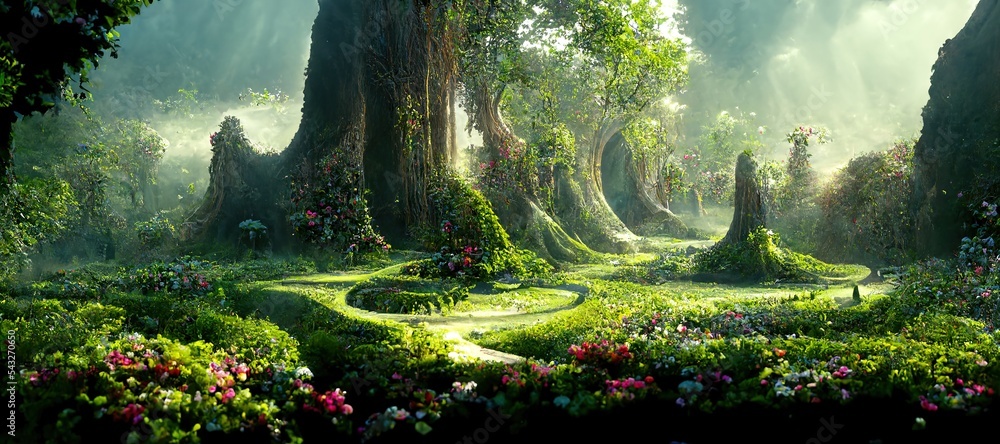 Unreal fantasy landscape with trees and flowers. Garden of Eden, exotic fairytale fantasy forest, Green oasis.  Sunlight, shadows, creepers and an arch. 3D illustration. - obrazy, fototapety, plakaty 