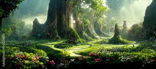 Fotografering Unreal fantasy landscape with trees and flowers