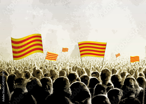 Crowd with the flags of Catalonia, people cheering national team of Catalonia. Ai generated illustration of crowd.