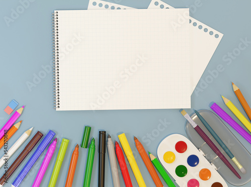 School supplies, stationery. Album blank sheet. 3D render. 