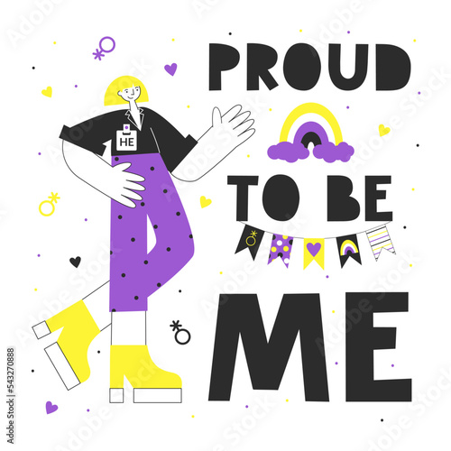 Gender queer and non-binary people concept. LGBT rights and diversity lettering. Flat vector motivational quote and illustration with NB colors and symbols. Pride and enby awareness.