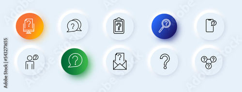 Questions icons set. Unknown document, strange message, billboard, magnifying glass, search, interesting message, unweighted element. question concept. Neomorphism style. Vector line icon for business