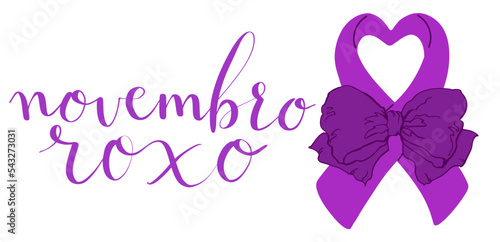 Novembro Roxo translation from portuguese November Purple, Brazil campaign for preterm infants support. Handwritten calligraphy and awareness ribbon vector