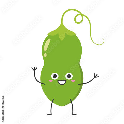 Green pea pod greeting character cartoon cute smiling face cheerful kawaii joy happy emotions icon vector illustration.