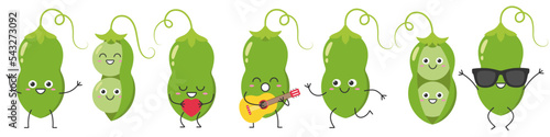 Green pea pod set character cartoon greeting jumping sings love running cute smiling face cheerful kawaii joy happy emotions vector illustration.
