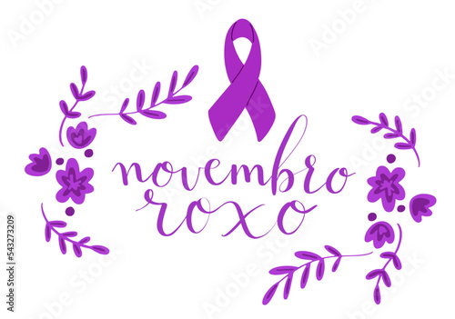 Novembro Roxo translation from portuguese November Purple, Brazil campaign for preterm infants support. Handwritten calligraphy and awareness ribbon vector