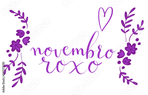 Novembro Roxo translation from portuguese November Purple, Brazil campaign for preterm infants support. Handwritten calligraphy and awareness ribbon vector