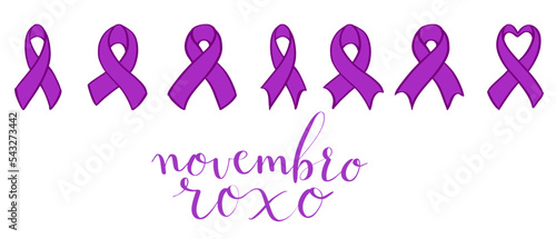 Novembro Roxo translation from portuguese November Purple, Brazil campaign for preterm infants support. Handwritten calligraphy and awareness ribbon vector