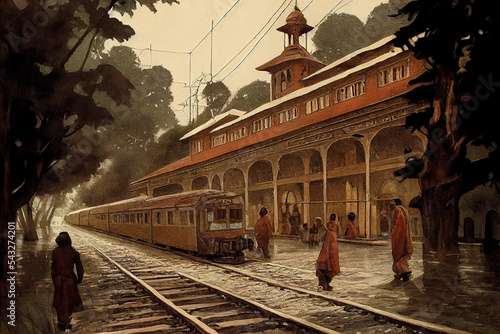 AI generated image of a British Raj era rural Indian railway station  photo