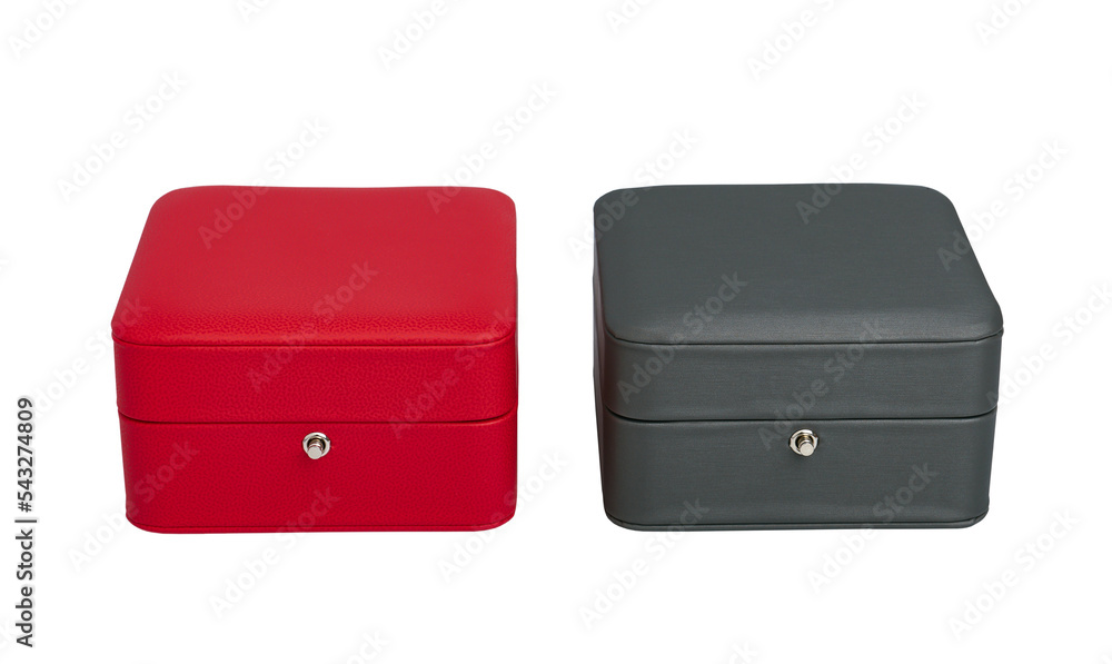 Two closed gift boxes isolated on white background close-up, shallow depth of field, red and gray Two closed gift boxes isolated on white background close-up, shallow depth of field, red and gray