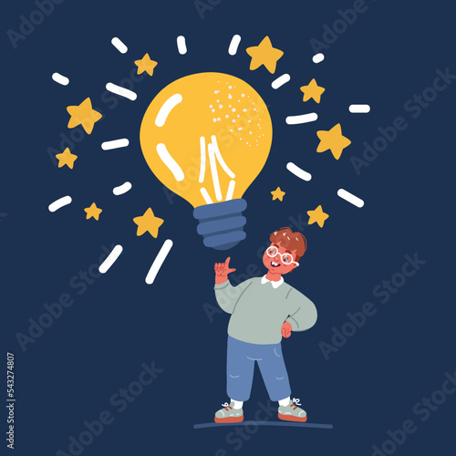 Vector illustraiton of boy carrying glowing lightbulb. Concept of brainstorming, power of intelligence, creative thinking, innovative idea generation.
