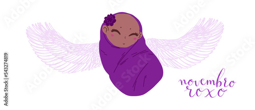Novembro Roxo translation from portuguese November Purple, Brazil campaign for preterm infants awareness. Handwritten calligraphy and cute baby with angel wings vector