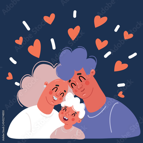 Vector illustraiton of happy family, mother father daughter son holding hands and huggins