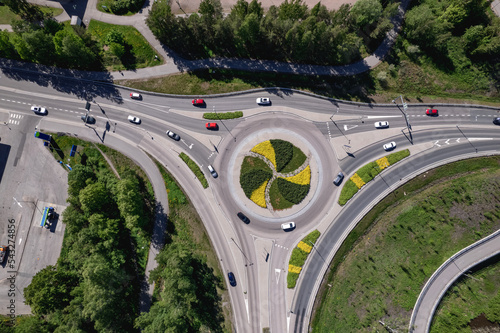 Aerial view of the roundabout in Espoo, Finland. Flowers In the center of the roundabout photo