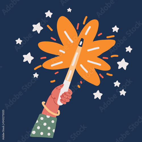 Vector illustraiton of Magic wand in hand sparkle in hand isolated on white. Magician holding miracle magical stick Wizard tool