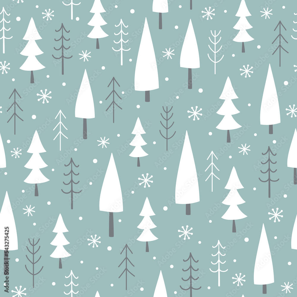 Cute seamless pattern with trees and snowflakes. Winter background. Vector illustration. It can be used for wallpapers, wrapping, cards, patterns for clothes and other.