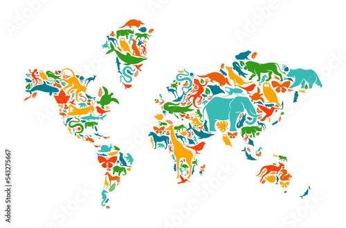 Wild animal icon world map shape concept isolated. PNG transparent background.