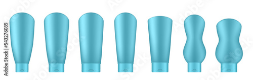 Set of blue cosmetic tubes. Realistic mockup. Korean packaging. Lotion or shower gel. Conditioner or hair mask	