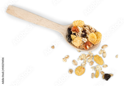 crunchy muesli in scoop on white background